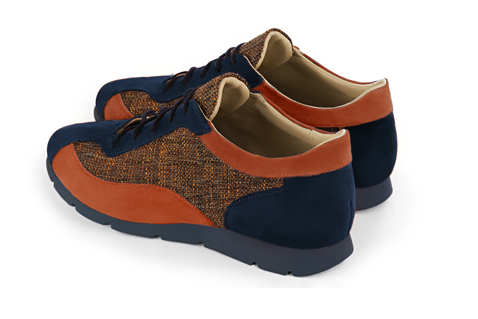 Navy blue and terracotta orange women's elegant sneakers. Round toe. Flat rubber soles. Rear view - Florence KOOIJMAN